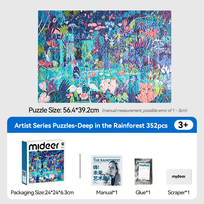mideer Artist Puzzle Deep in the Rainforest finished puzzle and contents