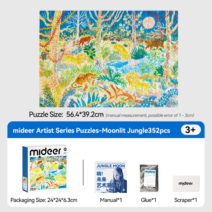 mideer Artist Puzzle Moonlit Jungle finished puzzle and contents